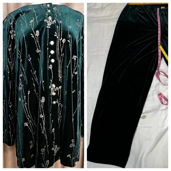 MSK Womens Plus 24W Green Velvet Floral Embroidered Top/Pants Set Holiday Career